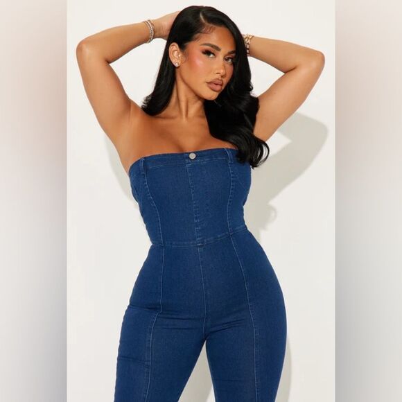 Fashion Nova  Denim Dark Wash Jumpsuit S - Picture 2 of 3